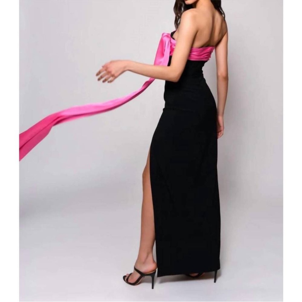 HUTCH NWT BLOGGER Black Pink Satin Drape Strapless Column Maxi Dress Serina Gown - Picture 7 of 17